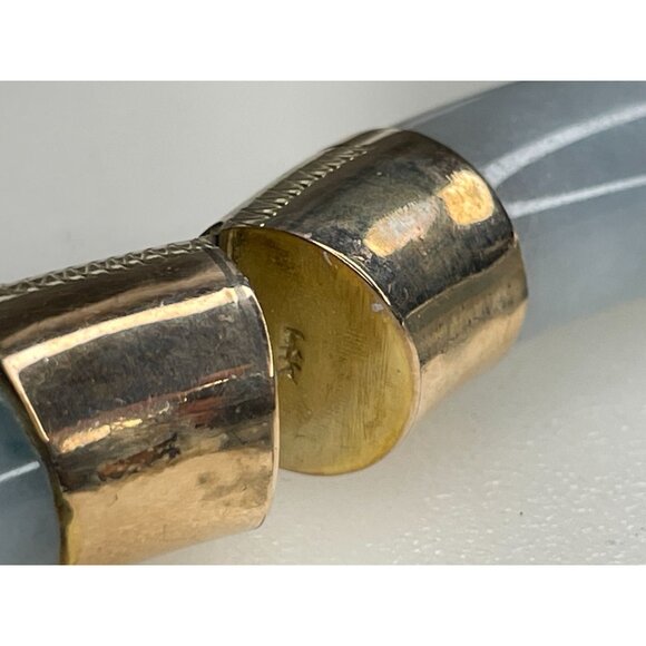 14K Gold Hinged Jadeite Bangle Bracelet 68 Grams With Safety Chain & Floral Engr - Picture 2 of 16
